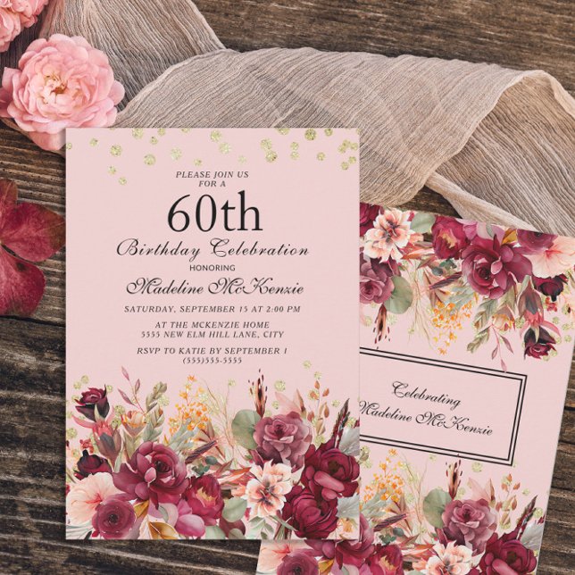 Pink Burgundy Floral Gold Glitter 60th Birthday Invitation (Creator Uploaded)