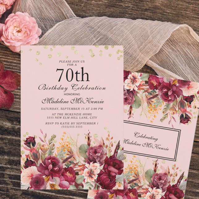Pink Burgundy Floral Gold Glitter 70th Birthday Invitation (Creator Uploaded)