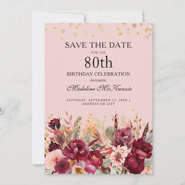 Pink Burgundy Floral Gold Glitter 80th Birthday Save The Date (Front)