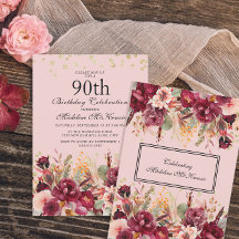 Pink Burgundy Floral Gold Glitter 90th Birthday