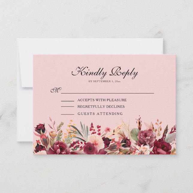 Pink Burgundy Floral Gold Glitter Birthday RSVP Card (Front)