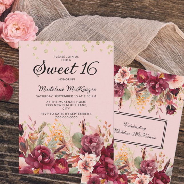 Pink Burgundy Floral Gold Glitter Sweet 16 Invitation (Creator Uploaded)
