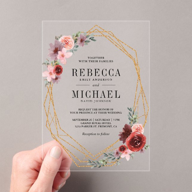 Pink Burgundy Floral Gold Wedding Acrylic Invitations (Insitu (Handheld))