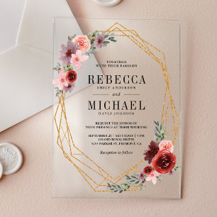 Pink Burgundy Floral Gold Wedding Acrylic Invitations