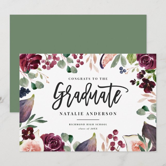 Pink burgundy floral graduate announcement card (Front/Back)