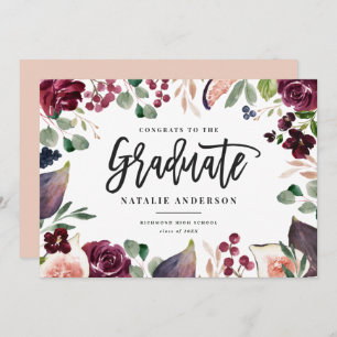 Pink burgundy floral graduate announcement card
