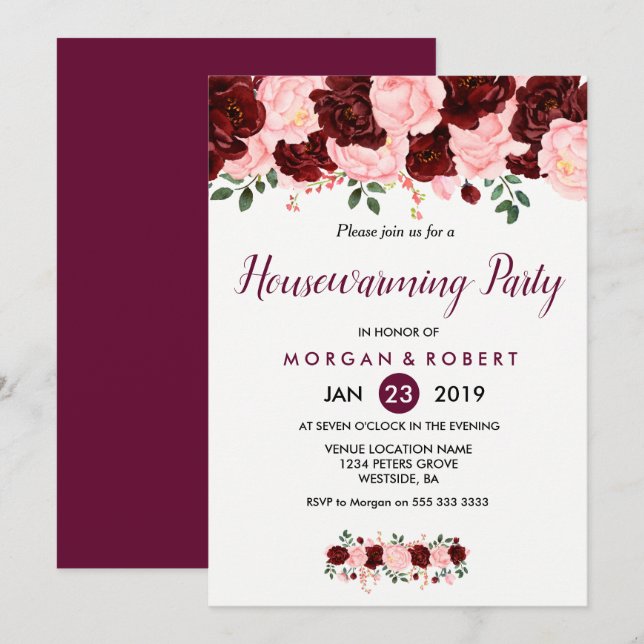 Pink & Burgundy Floral Housewarming Party Invite (Front/Back)