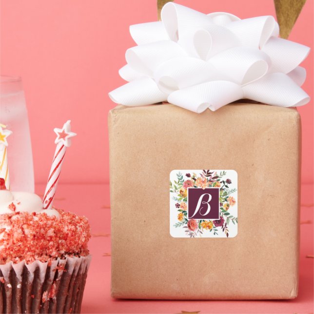 Pink & Burgundy Floral Monogram Sticker (Party)