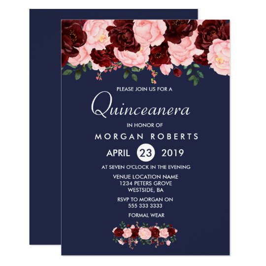 Pink Burgundy Floral Navy Blue Quinceanera Invite