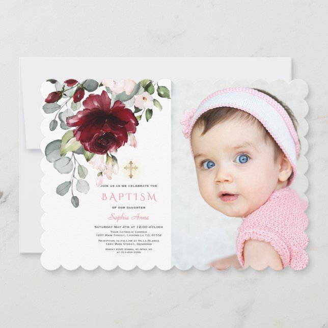 Pink Burgundy Floral Photo Girl Gold Cross Baptism Invitation (Front)