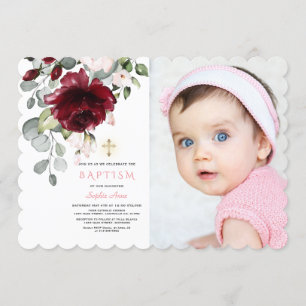 Pink Burgundy Floral Photo Girl Gold Cross Baptism Invitation