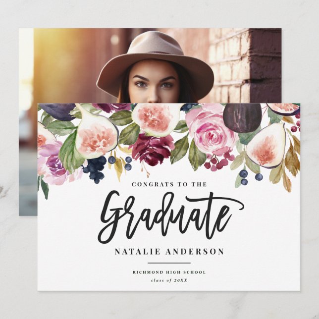 Pink burgundy floral photo graduate congrats (Front/Back)