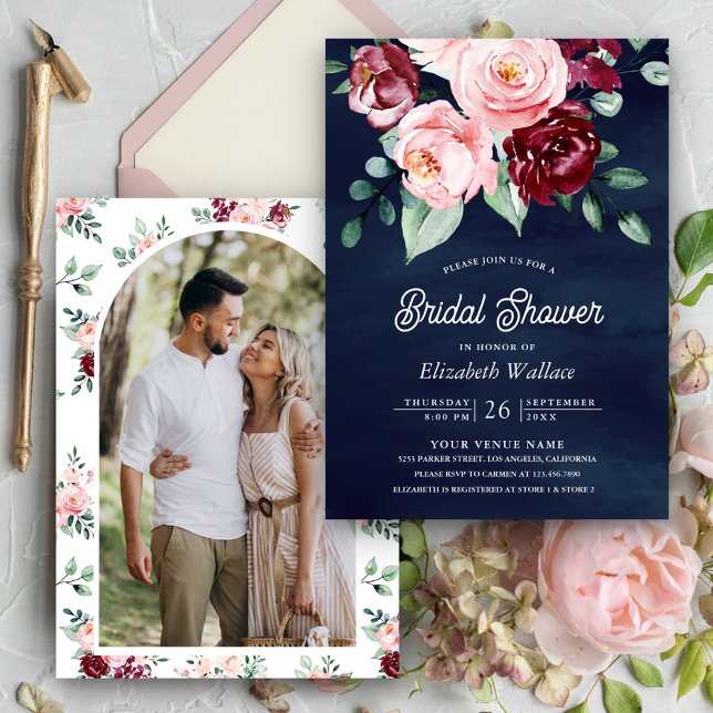 Pink Burgundy Floral Photo Navy Blue Bridal Shower Invitation (Creator Uploaded)