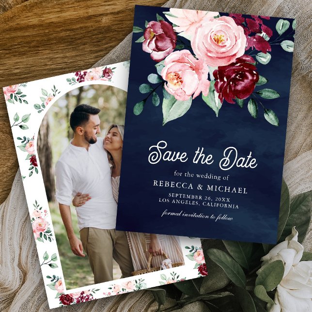 Pink Burgundy Floral Photo Navy Blue Wedding Save The Date (Creator Uploaded)