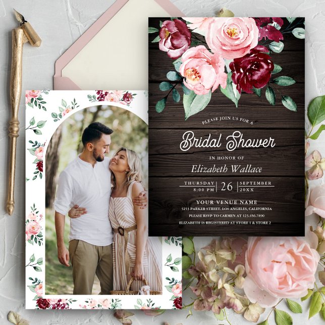 Pink Burgundy Floral Photo Wood Bridal Shower Invitation (Creator Uploaded)