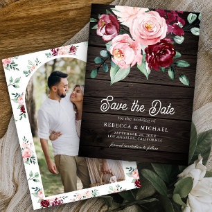 Pink Burgundy Floral Photo Wood Wedding Save The Date