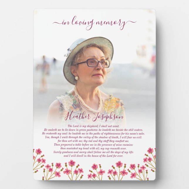 Pink Burgundy Floral Psalm Memorial Photo Plaque (Front)
