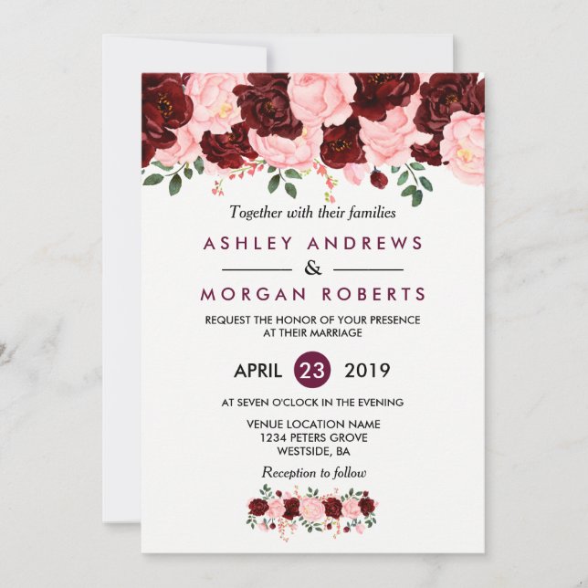Pink & Burgundy Floral Watercolor Wedding Invite (Front)