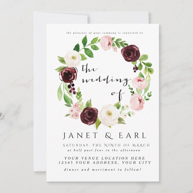 Pink Burgundy Floral Wedding Invitations (Front)