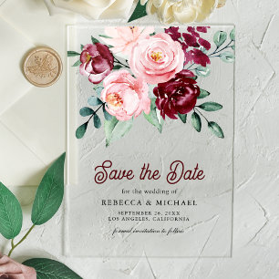 Pink Burgundy Floral Wedding Save the Date Acrylic Invitations