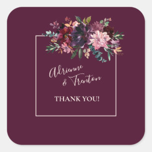 Pink & Burgundy Floral Wedding Thank You Square Sticker