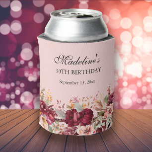 Pink Burgundy Floral Women's 50th Birthday Can Cooler