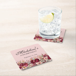 Pink Burgundy Floral Women's 50th Birthday Square Paper Coaster