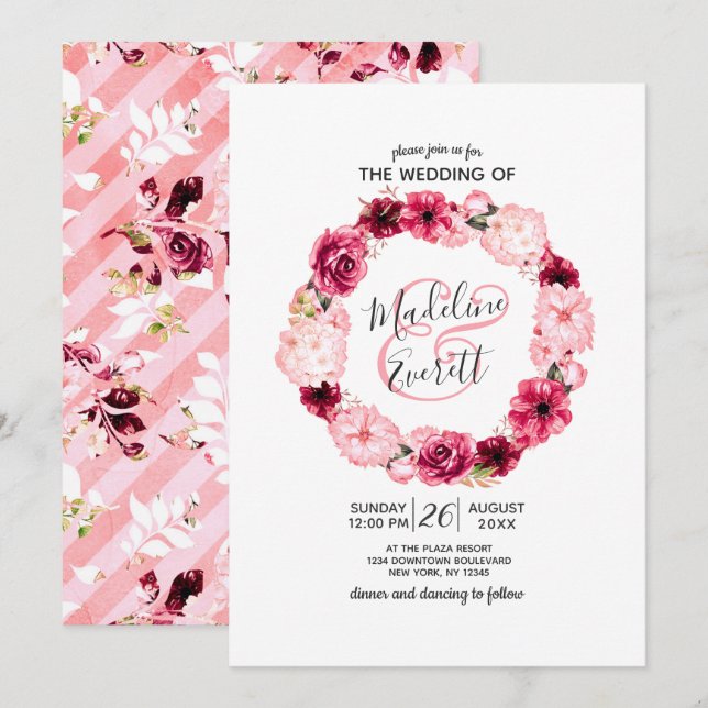 Pink & Burgundy Floral Wreath Wedding Invitations (Front/Back)