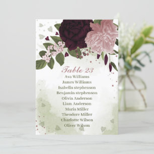 pink & burgundy flowers green seating chart card