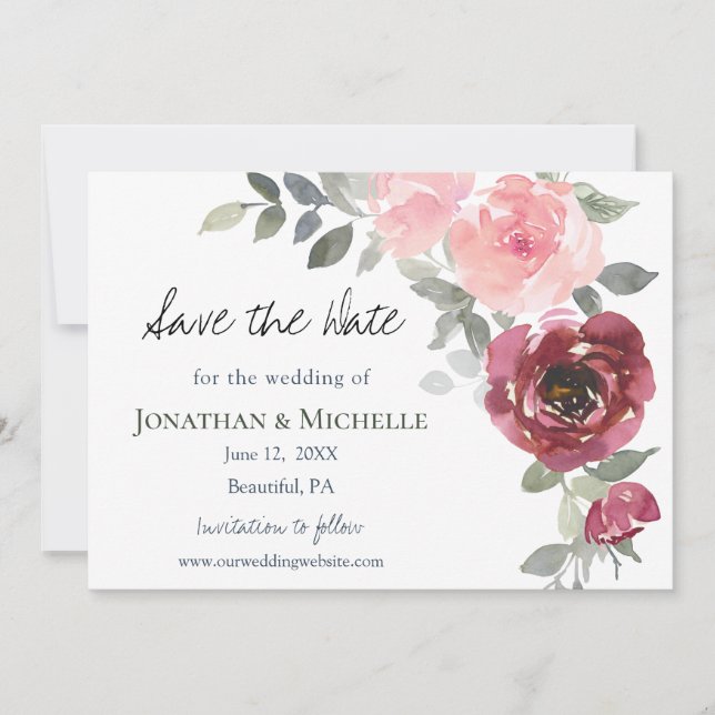 Pink Burgundy Flowers Greenery Watercolor Wedding Save The Date (Front)