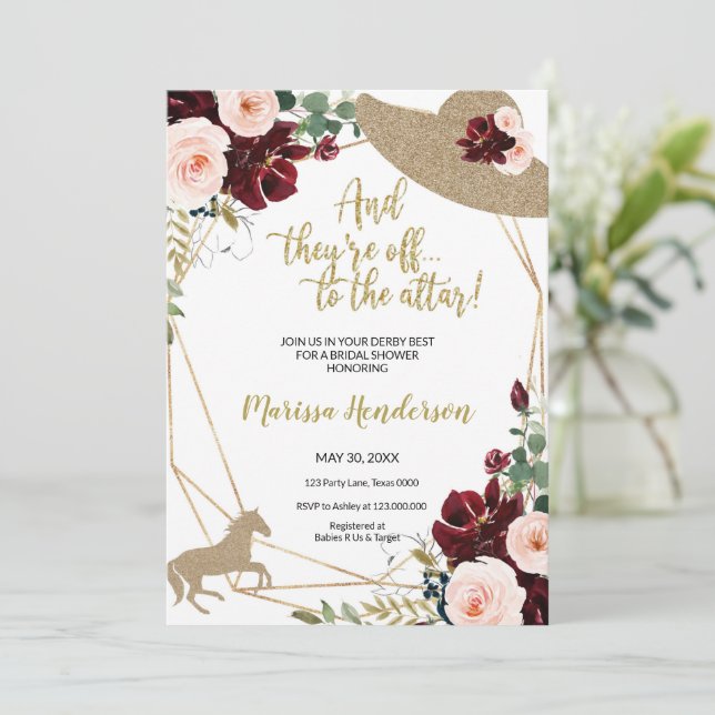 Pink Burgundy Flowers Kentucky Derby Bridal Shower Invitation (Standing Front)