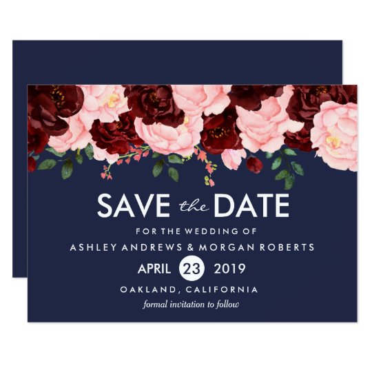 Pink Burgundy Flowers Navy Wedding Save The Date Card