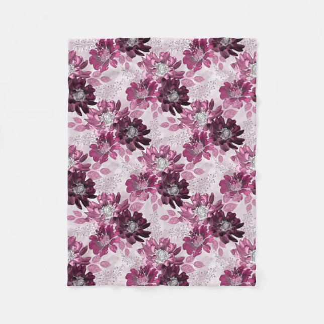 Pink, burgundy flowers on dusty pink fleece blanket (Front)
