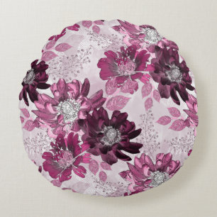 Pink, burgundy flowers on dusty pink round cushion
