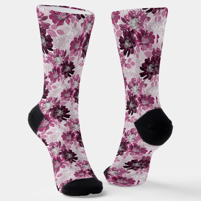 Pink, burgundy flowers on dusty pink socks (Angled)