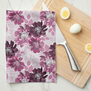 Pink, burgundy flowers on dusty pink tea towel