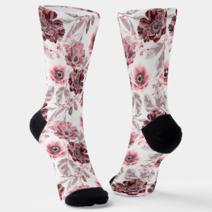 Pink, burgundy flowers on white background. socks