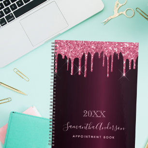 Pink burgundy glitter drips gold monogram 2026 planner