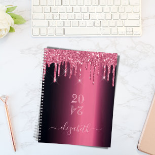 Pink burgundy glitter drips monogram 2025 planner