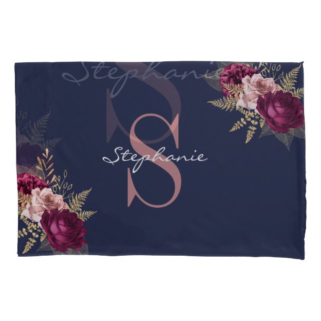 Pink Burgundy Gold Floral Monogram Custom Name  Pillowcase (Front)