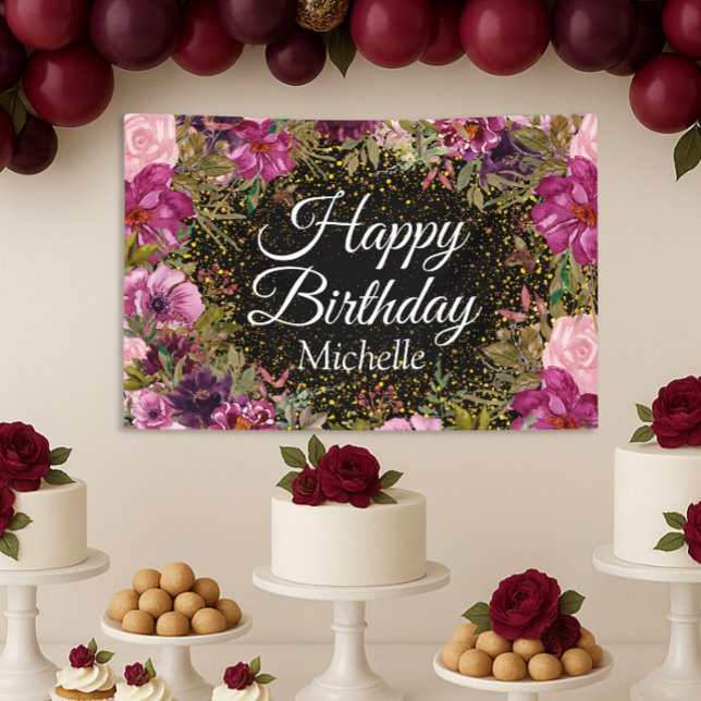 Pink Burgundy Gold Glitter Black Happy Birthday  Banner (Pink and black birthday party banner)