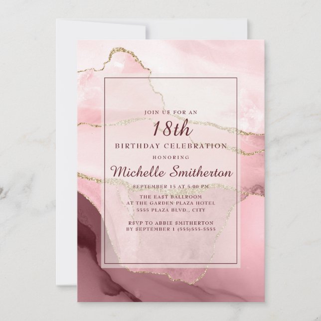 Pink Burgundy Gold Marble Agate 18th Birthday Invitation (Front)