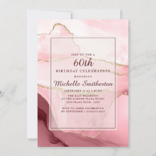 Pink Burgundy Gold Marble Agate 60th Birthday Invitation