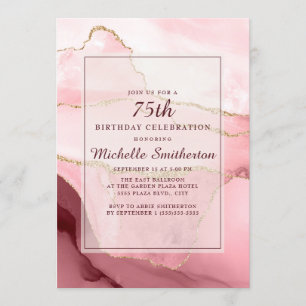 Pink Burgundy Gold Marble Agate 75th Birthday Invitation