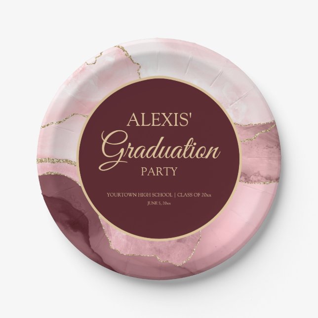 Pink Burgundy Gold Marble Agate Graduation Paper Plate (Front)