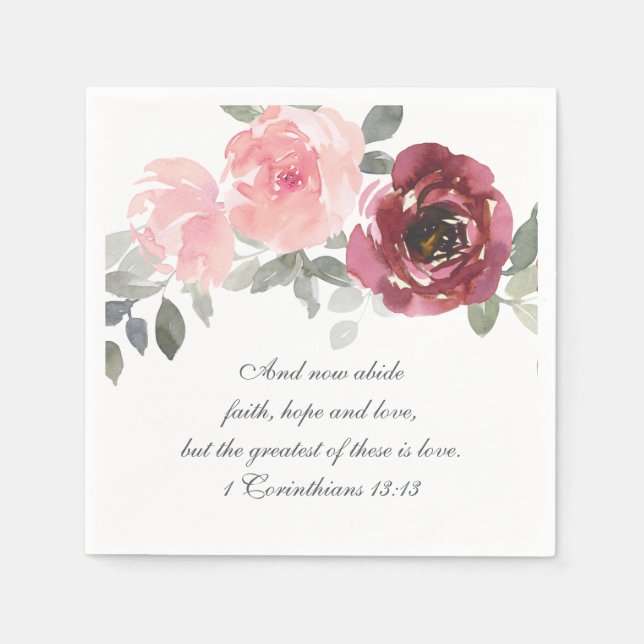 Pink Burgundy Grey Floral Bible Verse Wedding Napkin (Front)