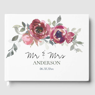 Pink Burgundy Grey Floral Mr & Mrs Wedding Guest Book