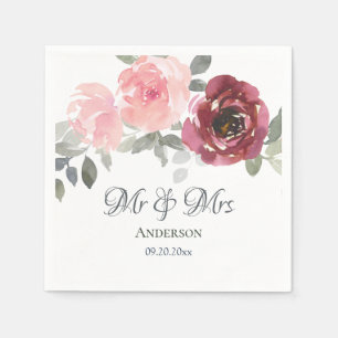 Pink Burgundy Grey Floral Mr & Mrs Wedding Napkin