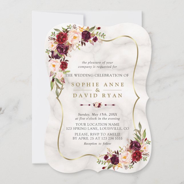 Pink Burgundy Marsala Floral Gold Marble Wedding Invitation (Front)
