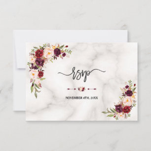 Pink Burgundy Marsala Floral Gold Marble Wedding RSVP Card